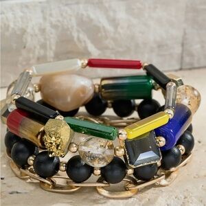 Unique Natural Stone and Gold Tone Chain Bracelet Stack